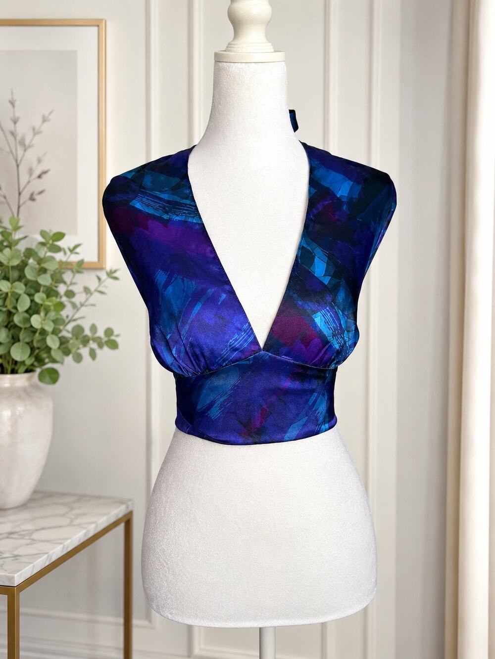 ASOS DESIGN Satin Halter Crop Top – Blue & Purple Abstract Print | Size US 12